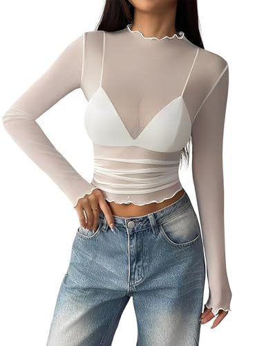 KTILG Womens Lace Undershirt Mesh Long Sleeve Top High Neck Tee Sheer Shirts Plus Size Y2k Tops Winter Fashion White Mesh XXL | Amazon (US)