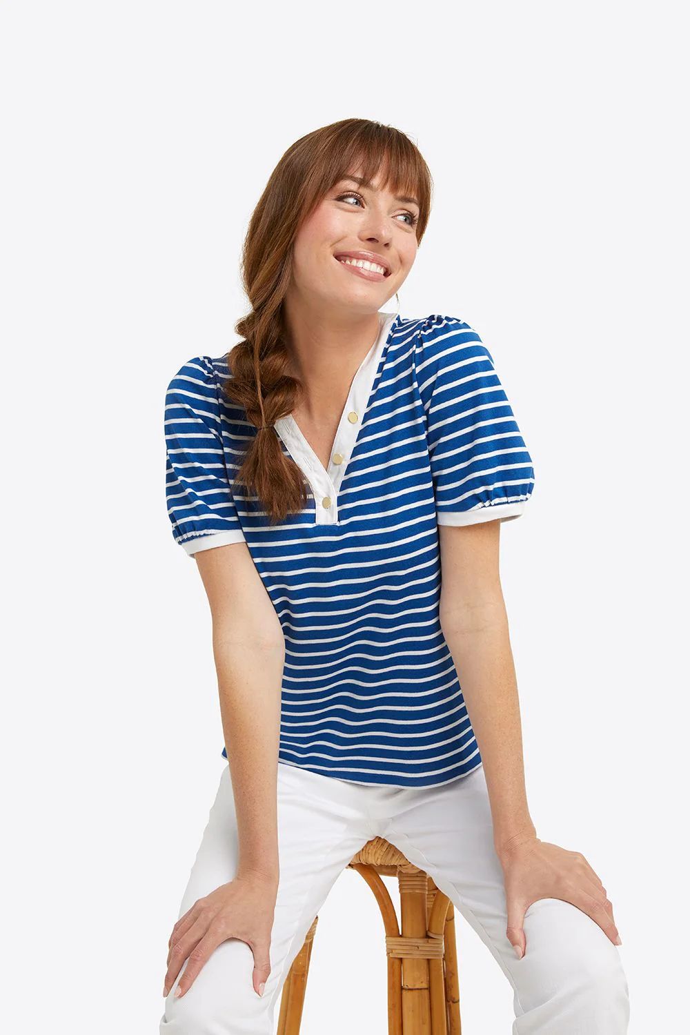 Puff Sleeve T-Shirt in Blue Nautical Stripe | Draper James (US)