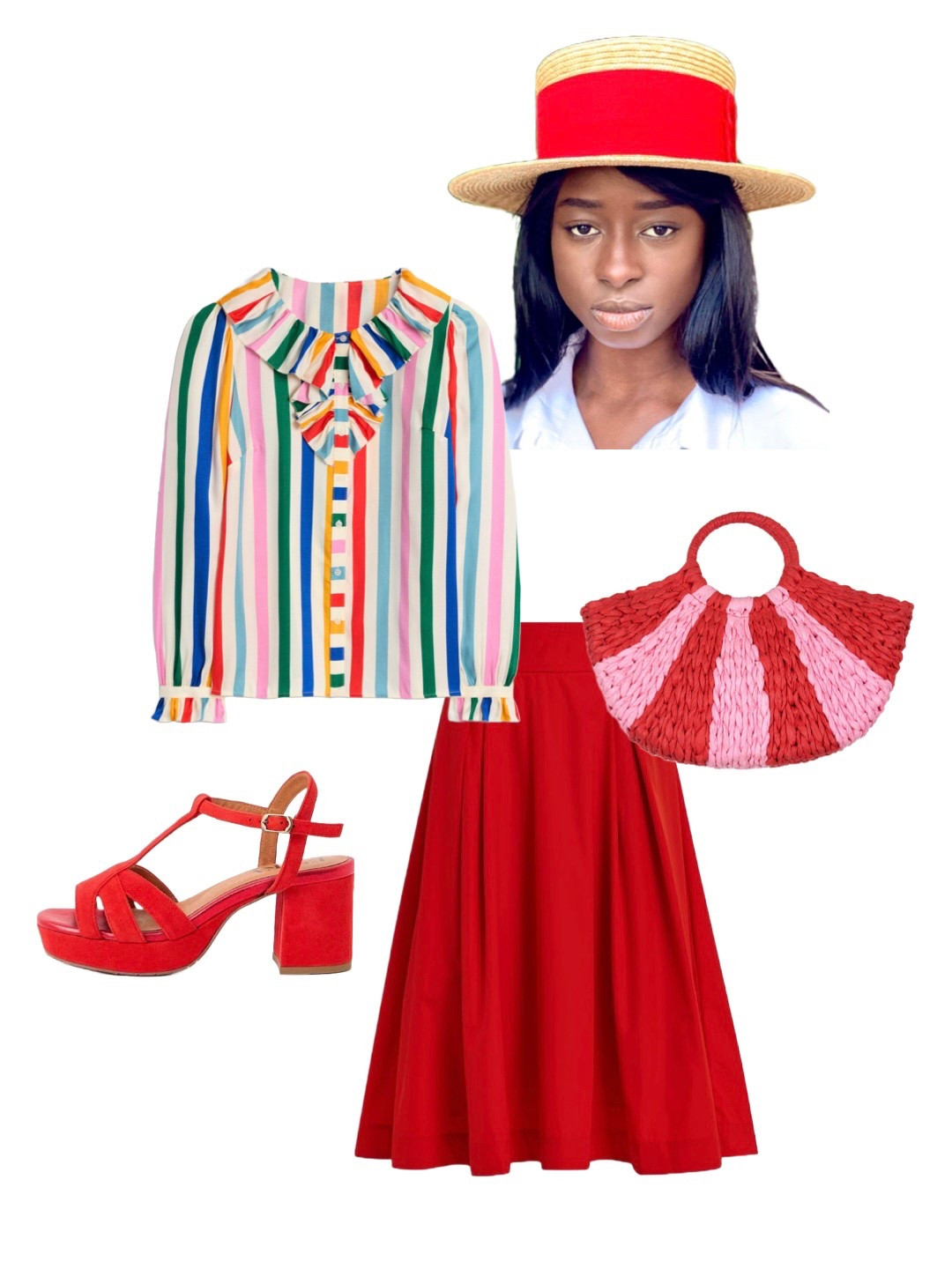 Spectacular Circus 🎪 Vibes with this silk blend multicolour rainbow ruffle blouse by Boden Clothing. Partner with this adorable red ribbon trimmed boater hat, a voluminous red midi skirt like this stunner by Essentiel Antwerp, Esska red platform sandals from Oliver Bonas and a red and pink straw basket bag by Omnes. This outfit won’t break the bank, but it will turn heads! 

#LTKuk #LTKsummer #LTKeurope