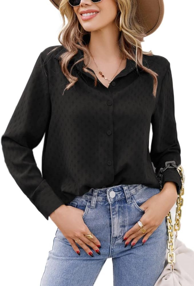 Button Dwon Shirts for Women Long Sleeve Business Casual Tops V Neck Loose Fit Work Wear | Amazon (US)