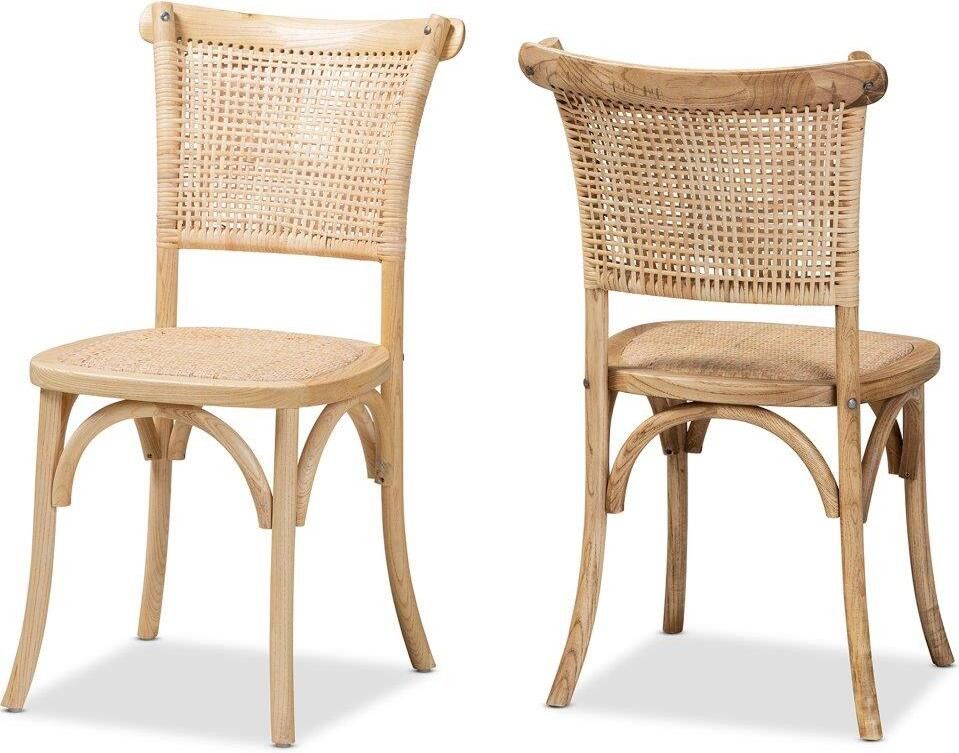 Baxton Studio Fields Mid-Century Modern Brown Woven Rattan And Wood 2-Piece Cane Dining Chair Set | 1stopbedrooms