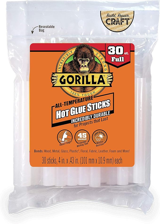 Gorilla Hot Glue Sticks, Full Size, 4" Long x .43" Diameter, 30 Count, Clear, (Pack of 1) | Amazon (US)