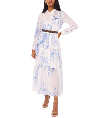 Women's Long-Sleeve Collared Tiered Skirt & Belt Dress | Macy's