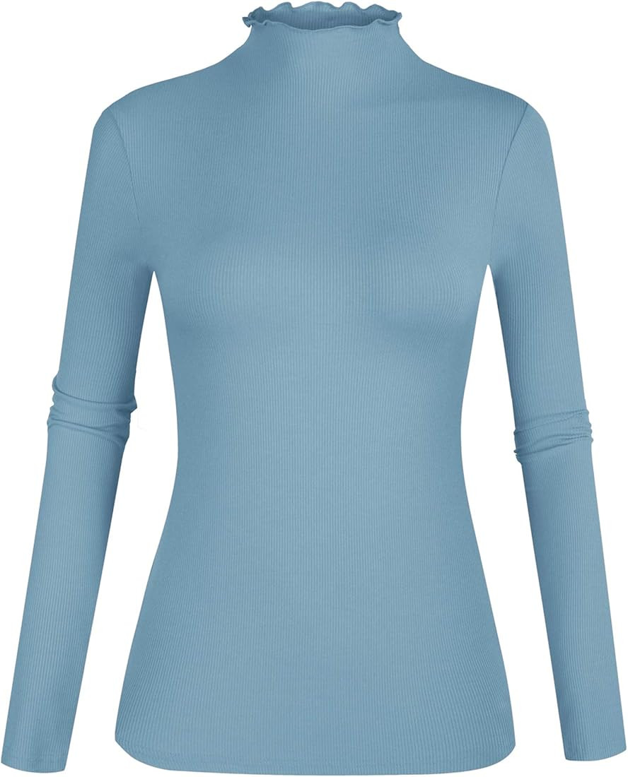 POPZONE Women's Lettuce Trim Mock Neck Long Sleeve Slim Fit Ribbed Knit Tee Shirt Tops | Amazon (US)