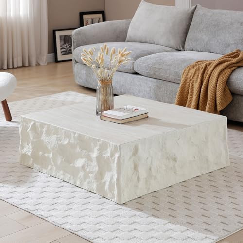 HanStrong Square Coffee Table, 35.43" Imitation Stone Coffee Table Fiberglass Side Accent End Unique Center Table for Living Room Bedroom Apartment Office, Beige | Amazon (US)