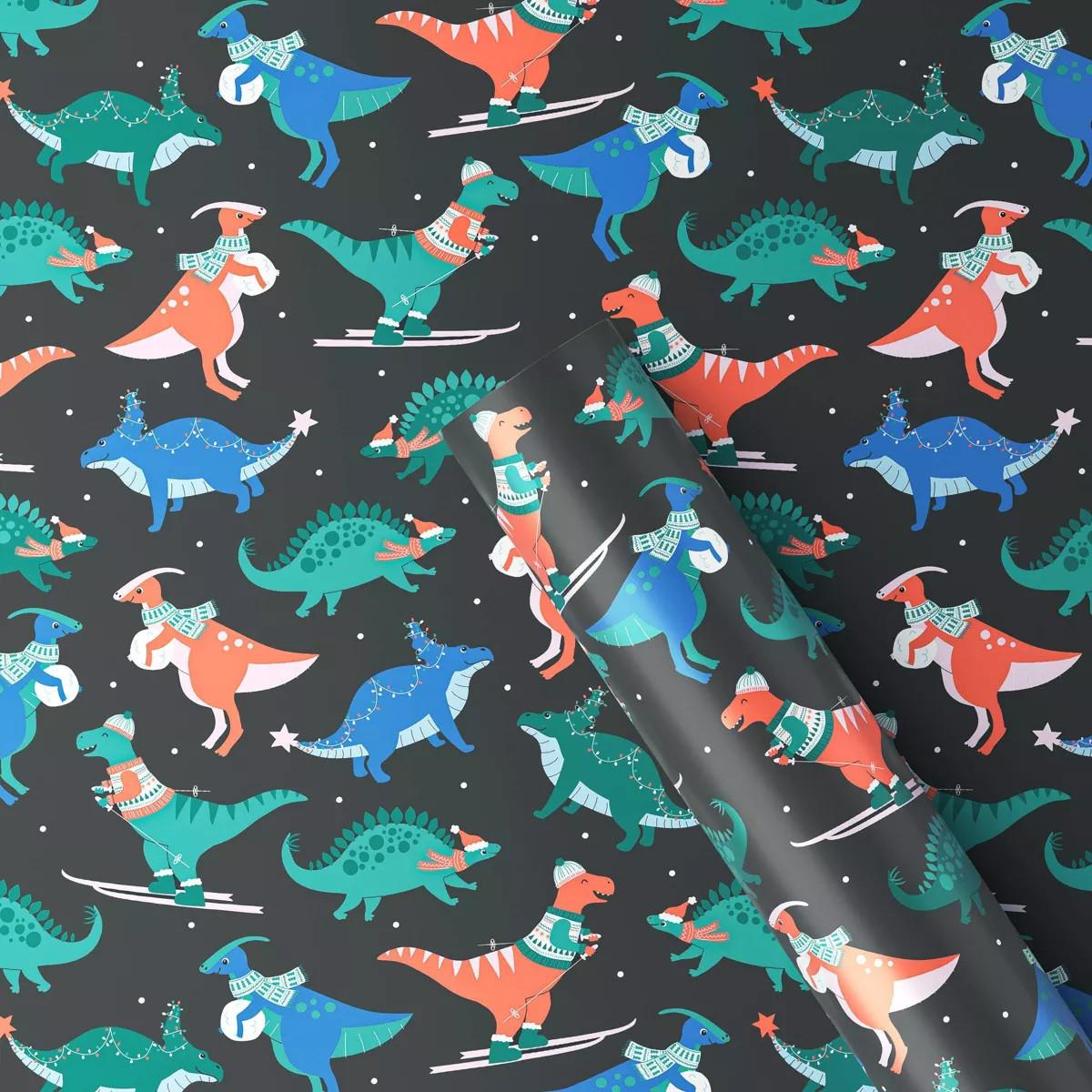 30" 50 sq ft Christmas Roll Wrap Dinosaurs on Black - Wondershop™ | Target