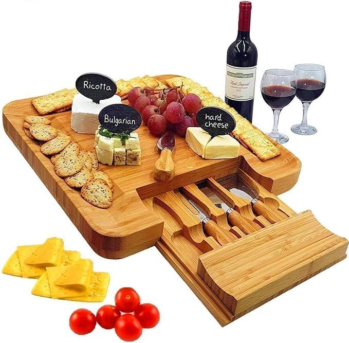 Bamboo Cheese Board & Cutlery Set with Slide-Out Drawer, 4 Stainless Steel Knife, Wood Platter & ... | Amazon (US)
