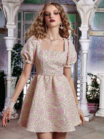 SHEIN MOD Allover Jacquard Square Neck Puff Sleeve Dress
       
              
              $16... | SHEIN