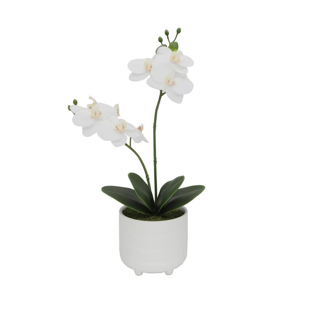 Flora Bunda 16 in. Real- touch Faux Orchid in White Barcode Pattern Ceramic Footed Planter | The Home Depot