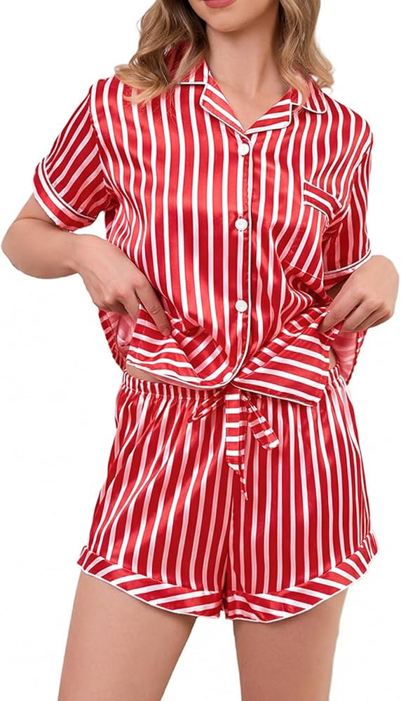 Brezzistaxs Satin Pajama Set Striped Silk PJ Set Drawstring Ruffled Satin Shorts - 2 Piece Silky Pajamas | Amazon (US)