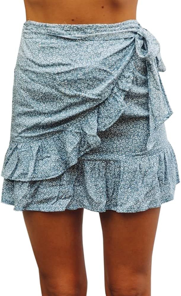 Jeanewpole1 Women's Floral Mini Skirts Wrap Pleated Ruffle Hem Cute Beach A Line Short Skirts | Amazon (US)