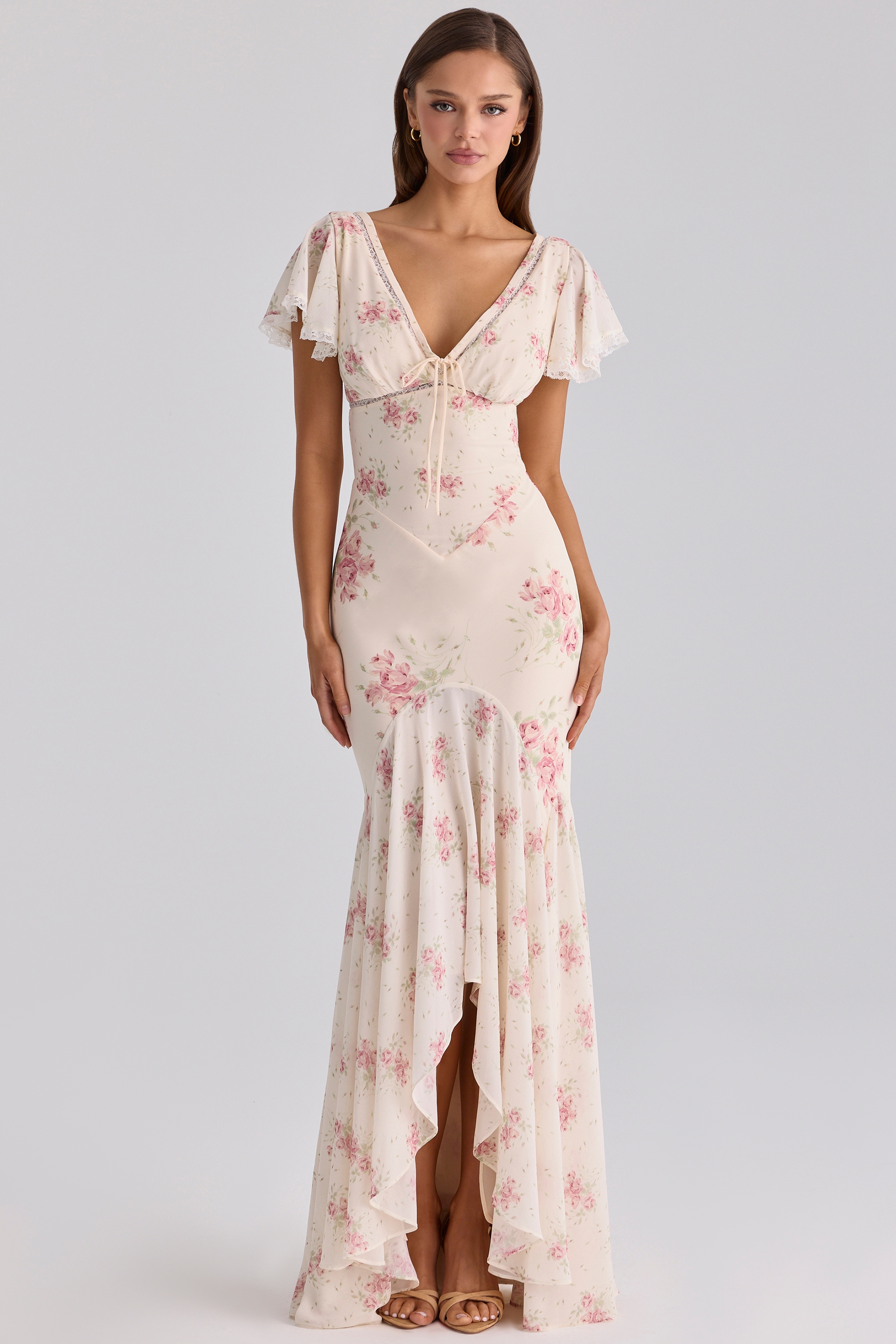ivory vintage rose print georgette maxi tea dress | House of CB