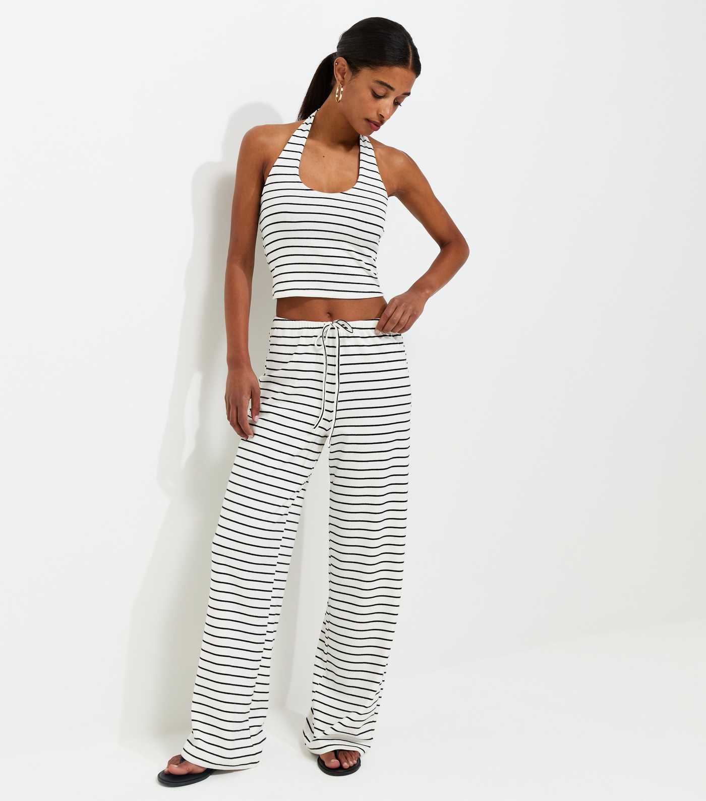 White Cotton Rich Horizontal Stripe Wide Leg Jersey Trousers | New Look | New Look (UK)
