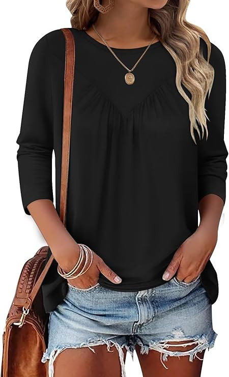 Womens Tops 3/4 Sleeve T Shirts Summer Spring Fall 2026 Basic Casual Ruched Blouses Fashion Trend... | Amazon (US)