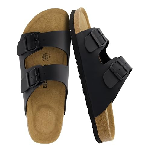CUSHIONAIRE Lane Cork Footbed Mens Sandals, Adjustable Buckle Comfort Slides for Men, Genuine Leather Insole Summer Sandals Men Footwear, BLACK 12 | Amazon (US)