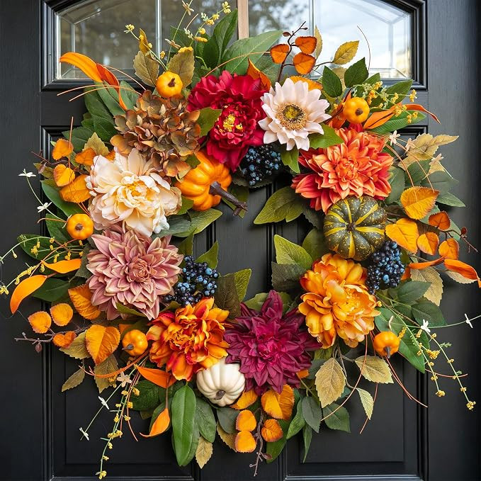 Fall Wreaths for Front Door 24 Inch, Rustic Farmhouse Harvest Autumn Wreath | Fall Wreath with Pu... | Amazon (US)