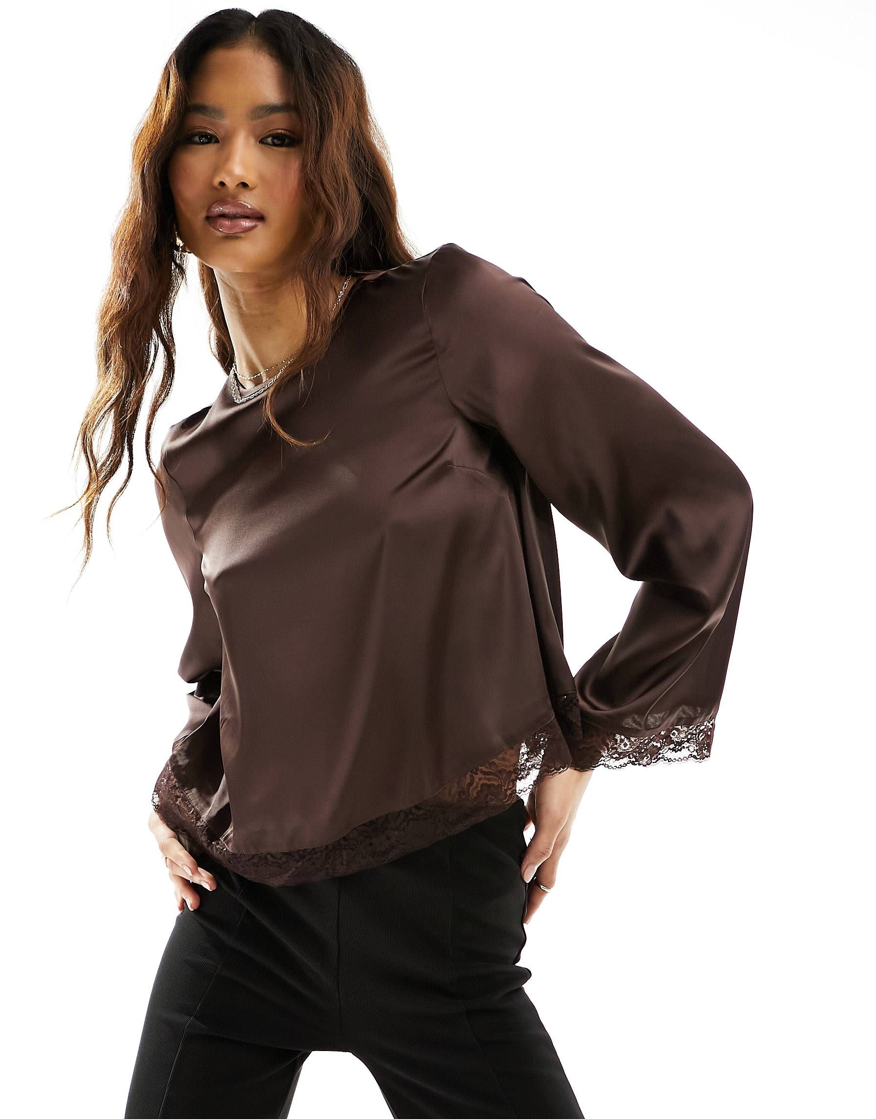 River Island long sleeve satin lace mix blouse in brown | ASOS (Global)