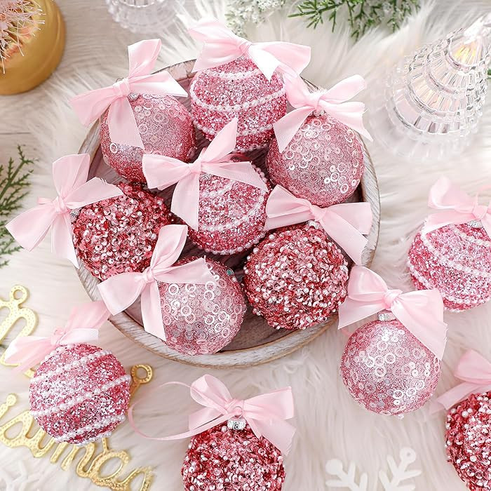 Hungdao 12 Pcs Pink Christmas Ball Ornaments 60mm/2.36" Coquette Bow Hanging Christmas Ball Glitt... | Amazon (US)