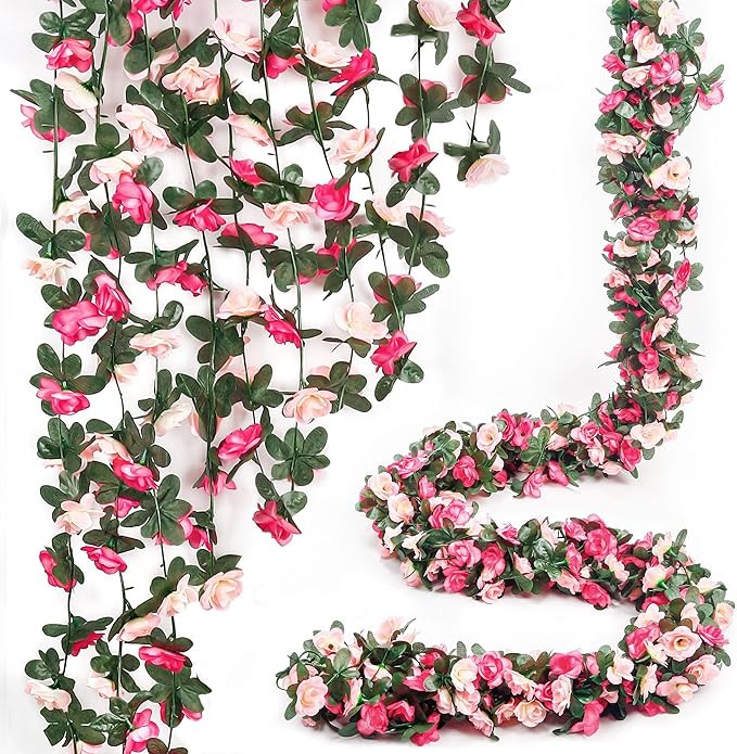 Miracliy 5Pcs 41FT Pink Flower Garland Artificial Rose Arch Vines Fake Spring Floral Garland for ... | Amazon (US)