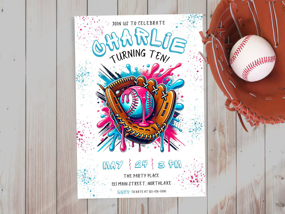 Baseball Drip Ice Cream Birthday Invitation, Editable Softball Party Invitation, Neon Sports Alls... | Etsy (US)