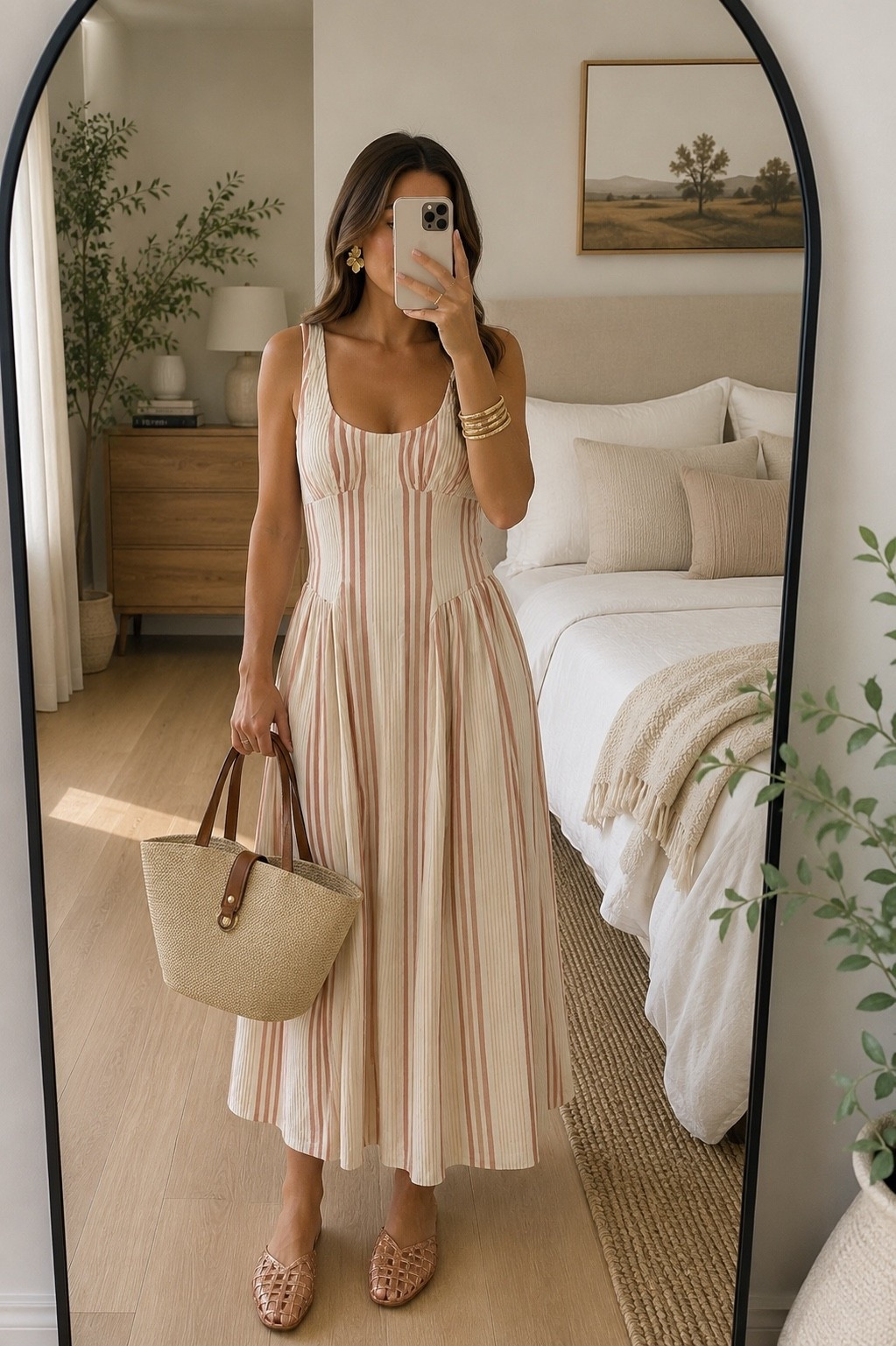 Sun dress season is one of my favorites. ☀️🤍 This Abercrombie midi dress is effortlessly feminine with the prettiest neutral stripes and a flattering fit you’ll reach for all season long. Paired with woven mules, a straw tote, and gold statement earrings, it’s the perfect look for brunch, vacation, farmers markets, or a casual date night. Everything is linked in my LTK! ✨

#LTKootd #LTKSaleAlert #LTKSeasonal