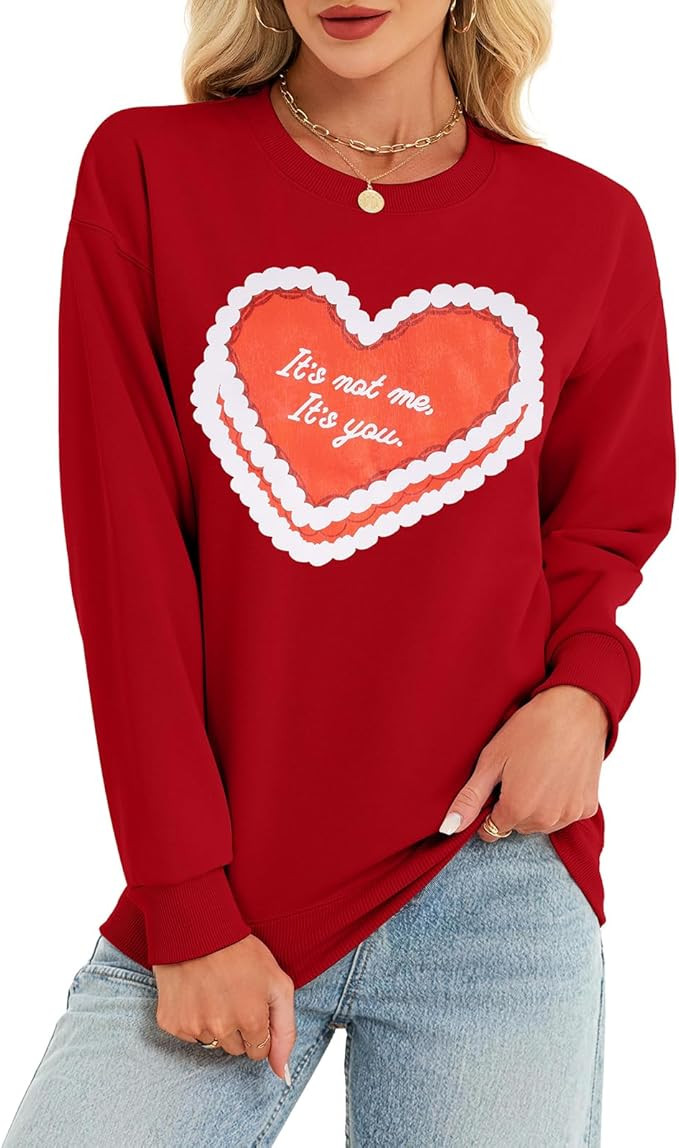 Women's Valentine's Day Casual Sweatshirt – Love Heart Graphic, Funny Crew Neck Long Sleeve Pul... | Amazon (US)