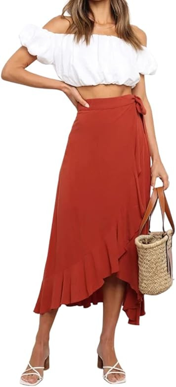 VNDFLAG Women's High Waisted Wrap Ruffle Hem Split Midi Skirt | Amazon (US)