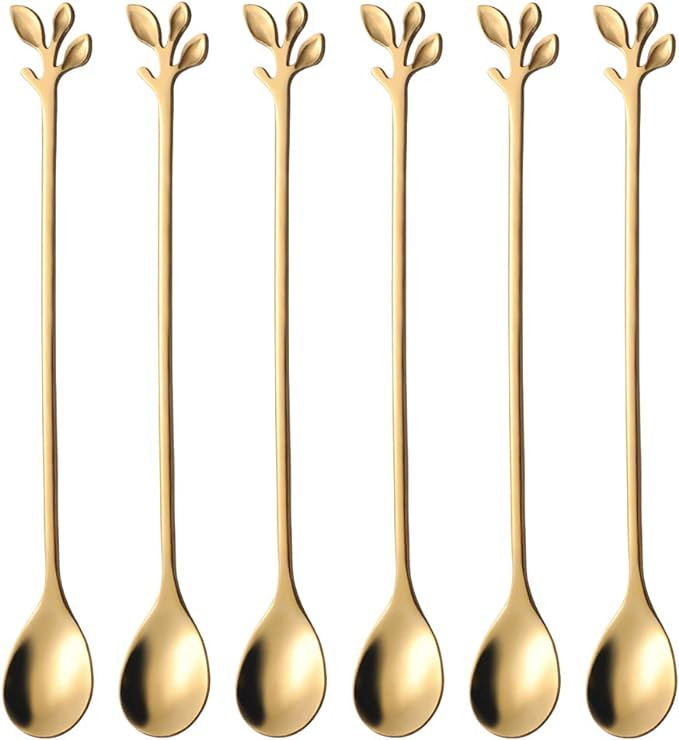 AnSaw 6-Piece Elegant Gold Leaf Long Handle Teaspoons - 7.4" Stainless Steel Stir Spoons for Coff... | Amazon (US)