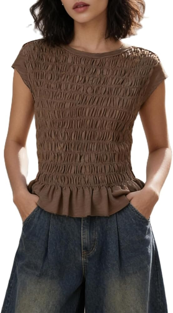 Womens Summer Top Cap Sleeve Smocked Shirts Ruffle Hem Going Out Tops Shirred Tank Crop Tee Y2K O... | Amazon (US)