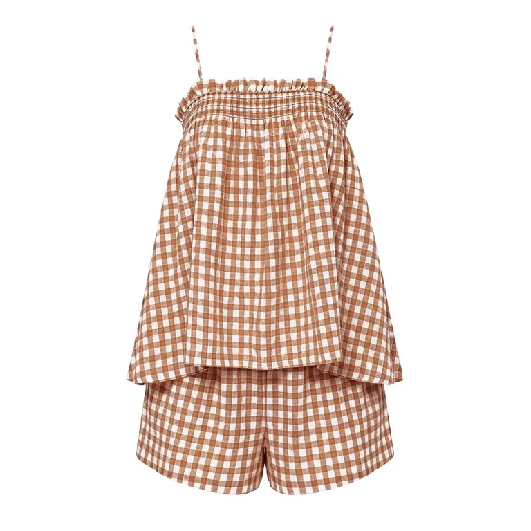 Moxiu Crop Top And Shorts Two Piece Sets Women Summer Casual Sleeveless Plaid Ruffle Spaghetti St... | Walmart (US)