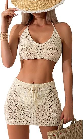 Verdusa Women's Hollow Out Crochet Halter Top and Skirt Cover Up Sets | Amazon (US)