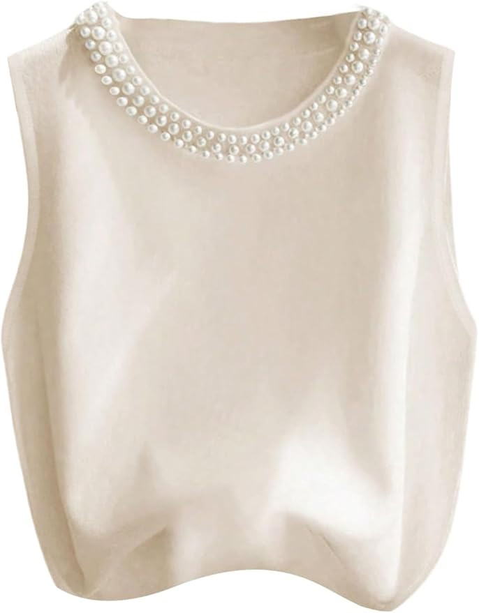 WDIRARA Women's Pearl Beaded Crew Neck Sleeveless Tank Top Going Out Tops | Amazon (US)