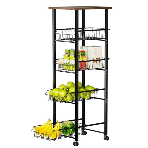 Delamu Fruit Vegetable Basket for Kitchen, 5 Tier Kitchen Organizer and Storage Cart with Wheels, Slide-Out Baskets and Wood Top, Rolling Pantry Storage cart for Produce Snack, W11.8xD16.45xH42.44 in | Amazon (US)