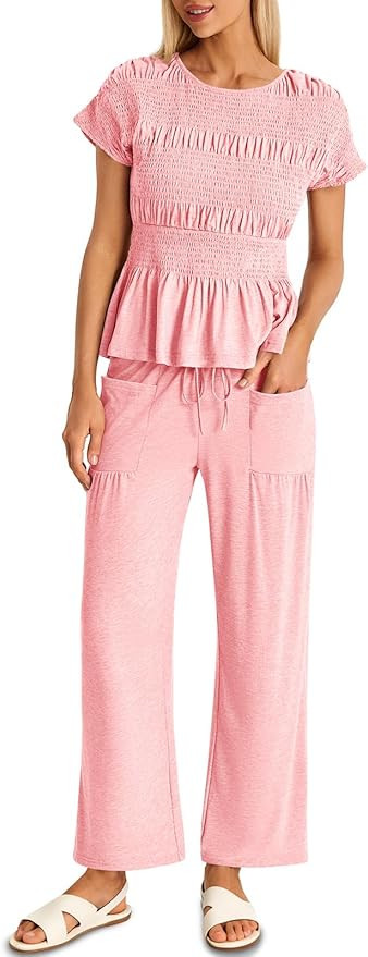 Cicy Bell Womens 2 Piece Outfits Smocked Short Sleeve Tops Wide Leg Elastic Waist Pants Casual Bo... | Amazon (US)