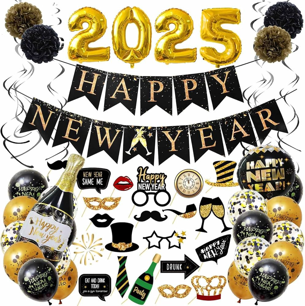 New Years Eve Party Supplies - 2025 Foil Balloon Banner and Curtains, Photo Booth Props, New Year... | Amazon (US)