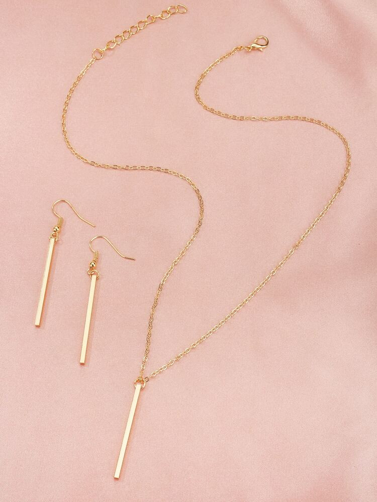 1pc Metal Bar Pendant Necklace & 1pair Earrings | SHEIN