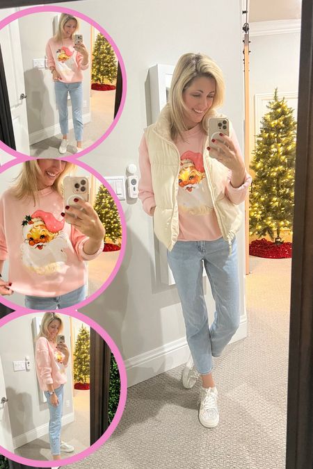 Pink Christmas is my favorite Christmas! This Santa sweater is so well-made and so soft plus the price is so good! I paired it with my absolute favorite, Old Navy vest and Abercrombie jeans 

#LTKfindsunder50 #LTKstyletip #LTKsalealert