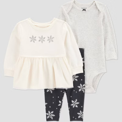 Carter's Just One You® Baby Girls' 3pc Snowflake Peplum Sweatshirt with Long Sleeve Bodysuit and Leggings Set - Cream 6M | Target