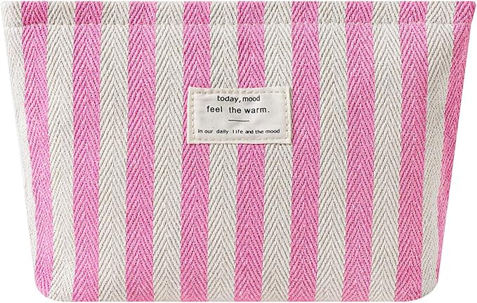 Striped Canvas Makeup Bag with Zipper,Small Travel Washable Organizer Bag with Canvas Lining for ... | Amazon (US)