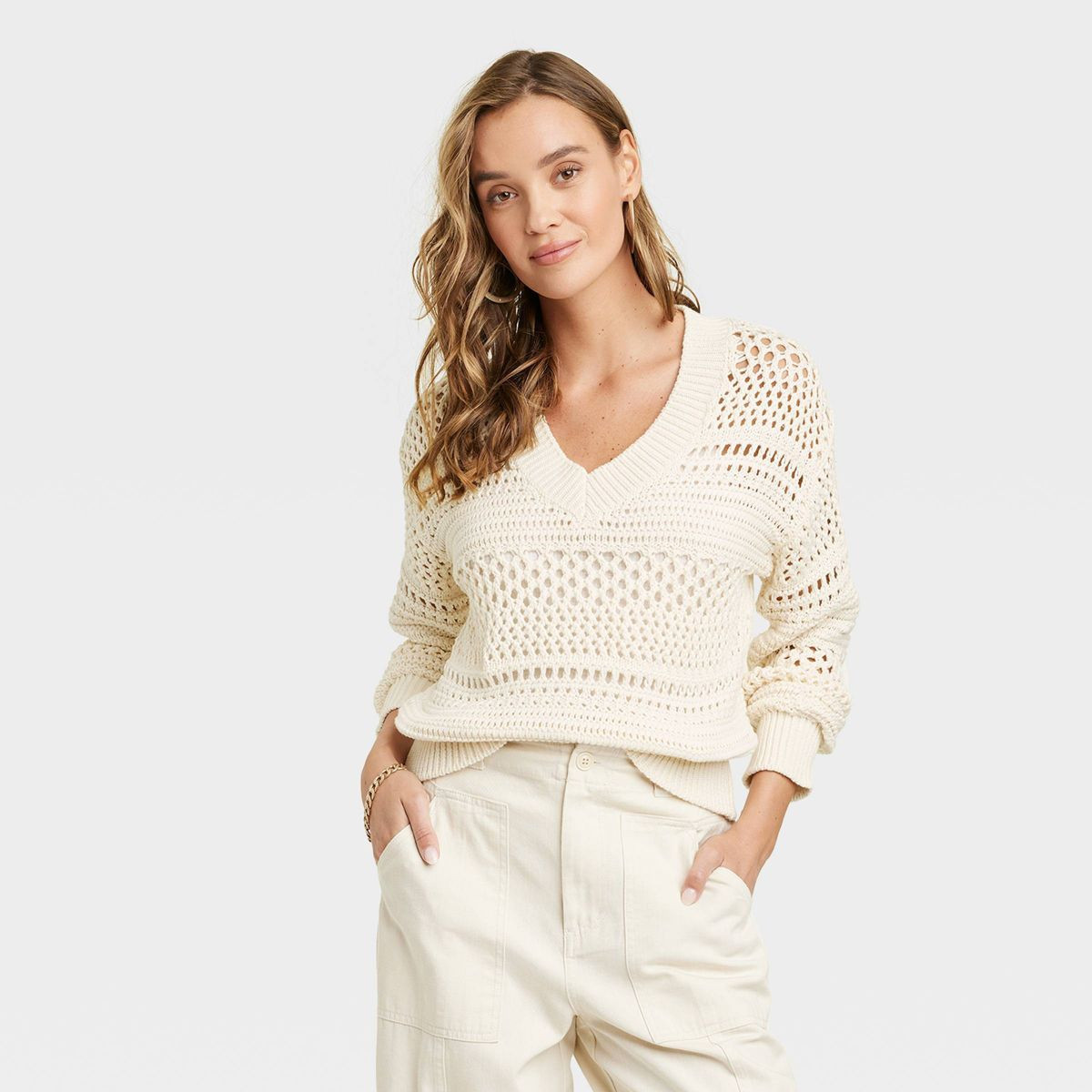 Women's V-Neck Openwork Pullover Sweater - Universal Thread™ | Target