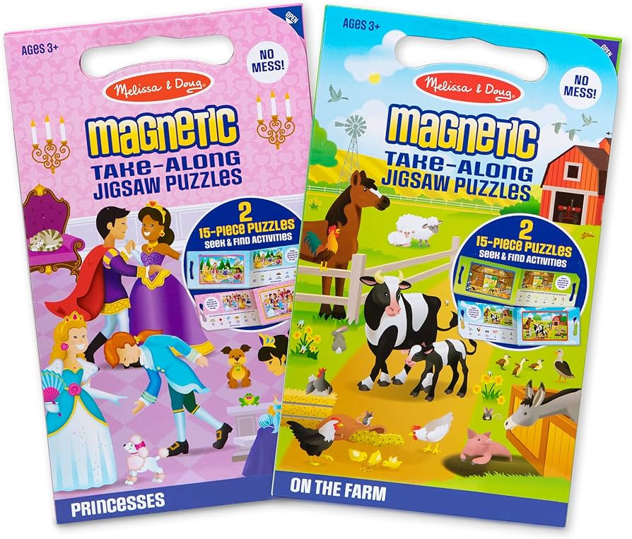 Amazon.com: Melissa & Doug Take-Along Magnetic Jigsaw Puzzles Travel Toy 2-Pack Farm, Princesses ... | Amazon (US)