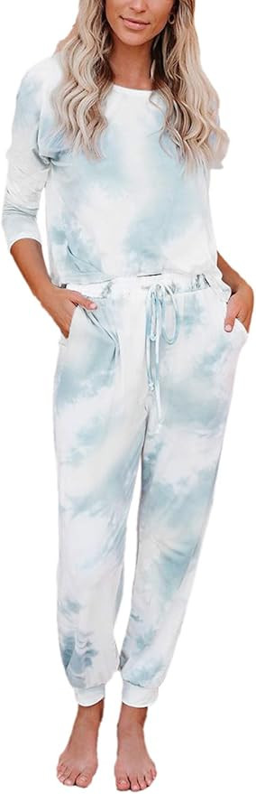 Selowin Women Tie Dye Sweatsuit Long Sleeve Pullover Sweatpants 2 Pcs Lounge Jogger Set | Amazon (US)