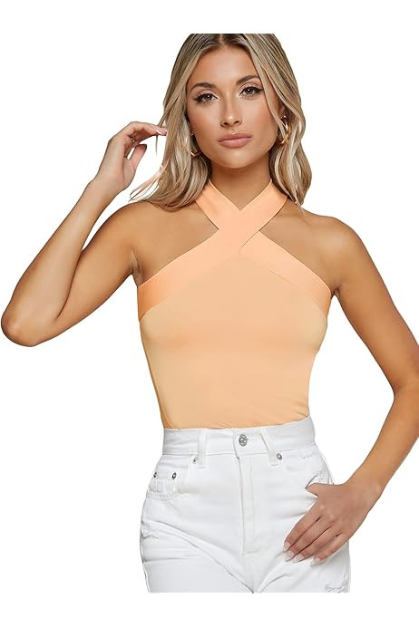 Floerns Women's Solid Criss Cross Halter Sleeveless Tee Shirt Top | Amazon (US)