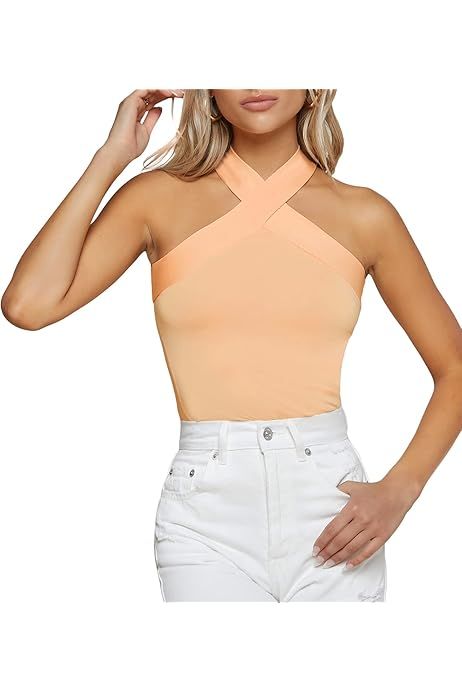 Floerns Women's Solid Criss Cross Halter Sleeveless Tee Shirt Top | Amazon (US)