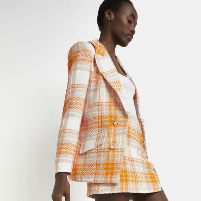 Orange checked boucle tailored blazer | River Island (UK & IE)