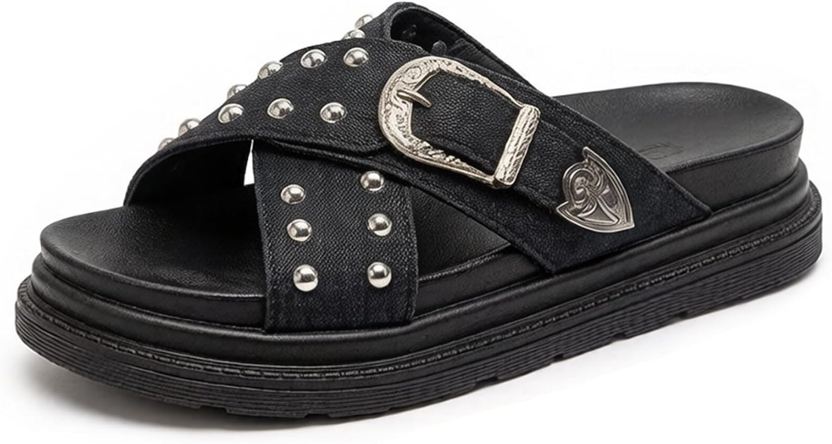 Women's Denim Cross Strap Platform Slides Sandals with Buckle Fashion Comfortable Studded Slip On... | Amazon (US)