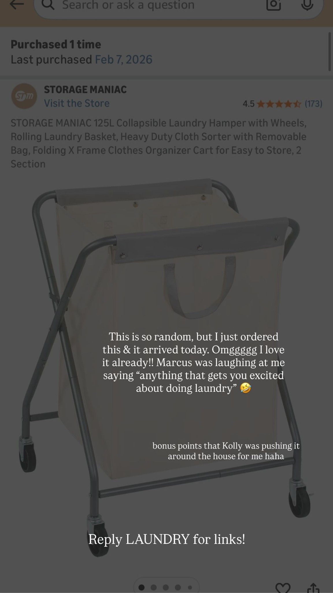 This is so random, but I just ordered this & it arrived today. Omggggg I love it already!! Marcus was laughing at me saying “anything that gets you excited about doing laundry” 🤣  bonus points that Kolly was pushing it around the house for me haha

#LTKHome