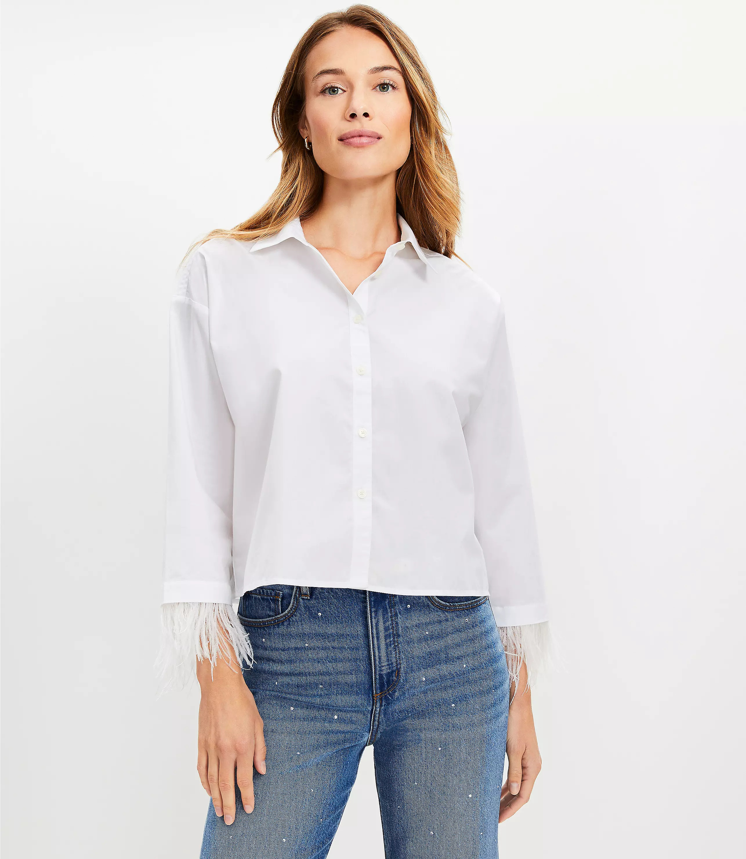 Petite Feathered Cuff Poplin Modern Shirt | LOFT