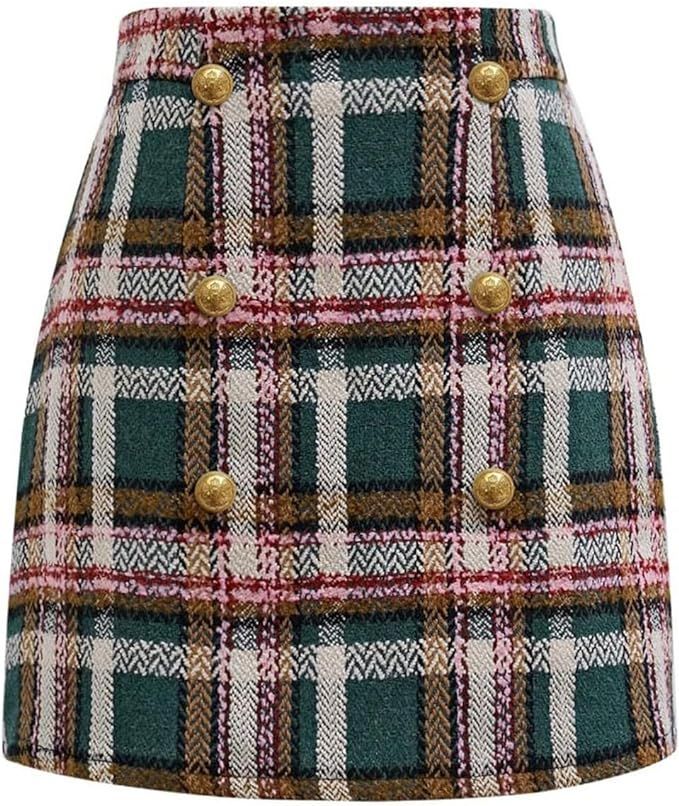 CHICWISH Women Wool Plaid Mini Skirt High Waisted Pencil Skirts Short Tight Bodycon Skirt with Go... | Amazon (US)