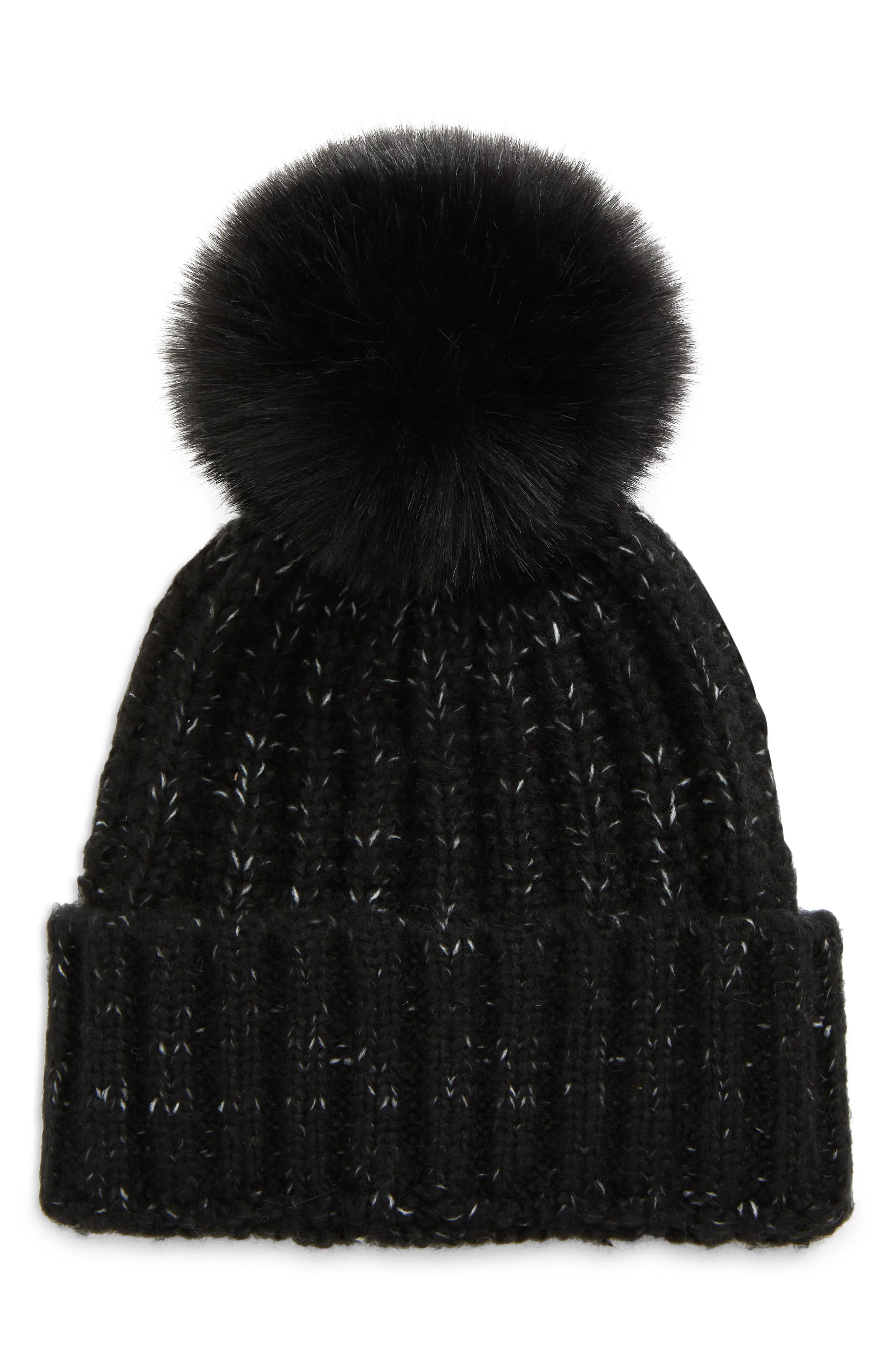 Kyi Kyi Chunky Wool Blend Beanie with Faux Fur Pom in Black Marled at Nordstrom | Nordstrom